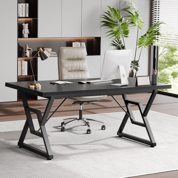 Computer Desk with Thick Wood Desktop, Heavy-Duty Metal Frame, Large Office Desk for Home Office, Study or Gaming