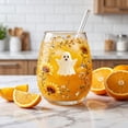 thumbnail image 3 of Cute Ghost Sunflower Stemless Wine Glass, Gold Rim Floral Ghost Print Clear Glass Cup, Fall Halloween Decorative Tumbler for Coffee Juice Wine Home Party Gift, 3 of 7