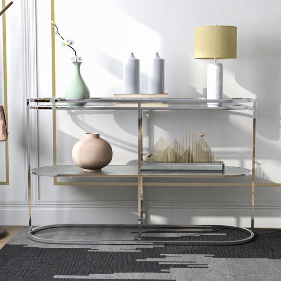 Taylaa 1-Shelf Water Ripples Glass Top Sofa Table, Chrome