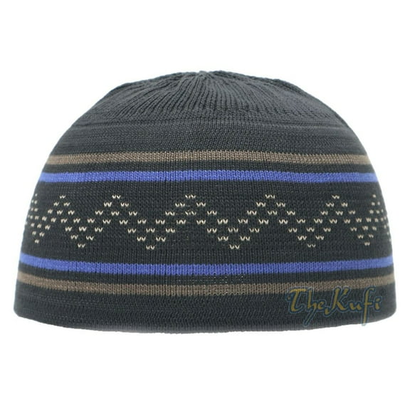 Dark Blue Brown Stripe Stretch-Knit Zigzag Kufi Hat Skull Cap Beanie