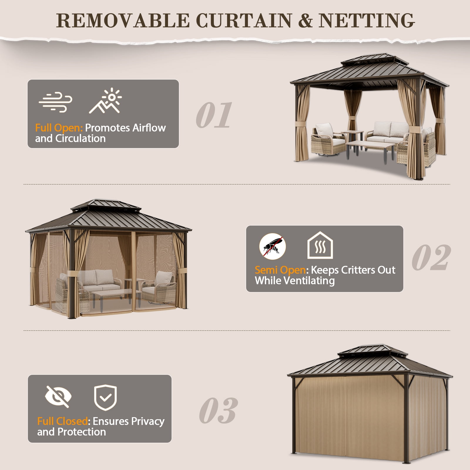 EAGLE PEAK 10'x12' Outdoor Patio Hardtop Gazebo with Aluminum Frame, Galvanized Steel Double Roof with Netting and Curtains, Brown