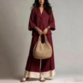 thumbnail image 4 of Women Two Piece Set 3/4 Sleeve V Neck Tops and High Waist Wide Leg Pants with Contrast Hem Summer Cotton Linen Outfits, 2XL, 4 of 5