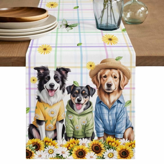 Spring Dog Table Runner 72 Inches, Sunflower Daisy Botanical Watercolor Bed Runner Dresser Scarves Tabletop for Indoor Outdoor Parties/Ceremony/Banquet, 14" x 72"