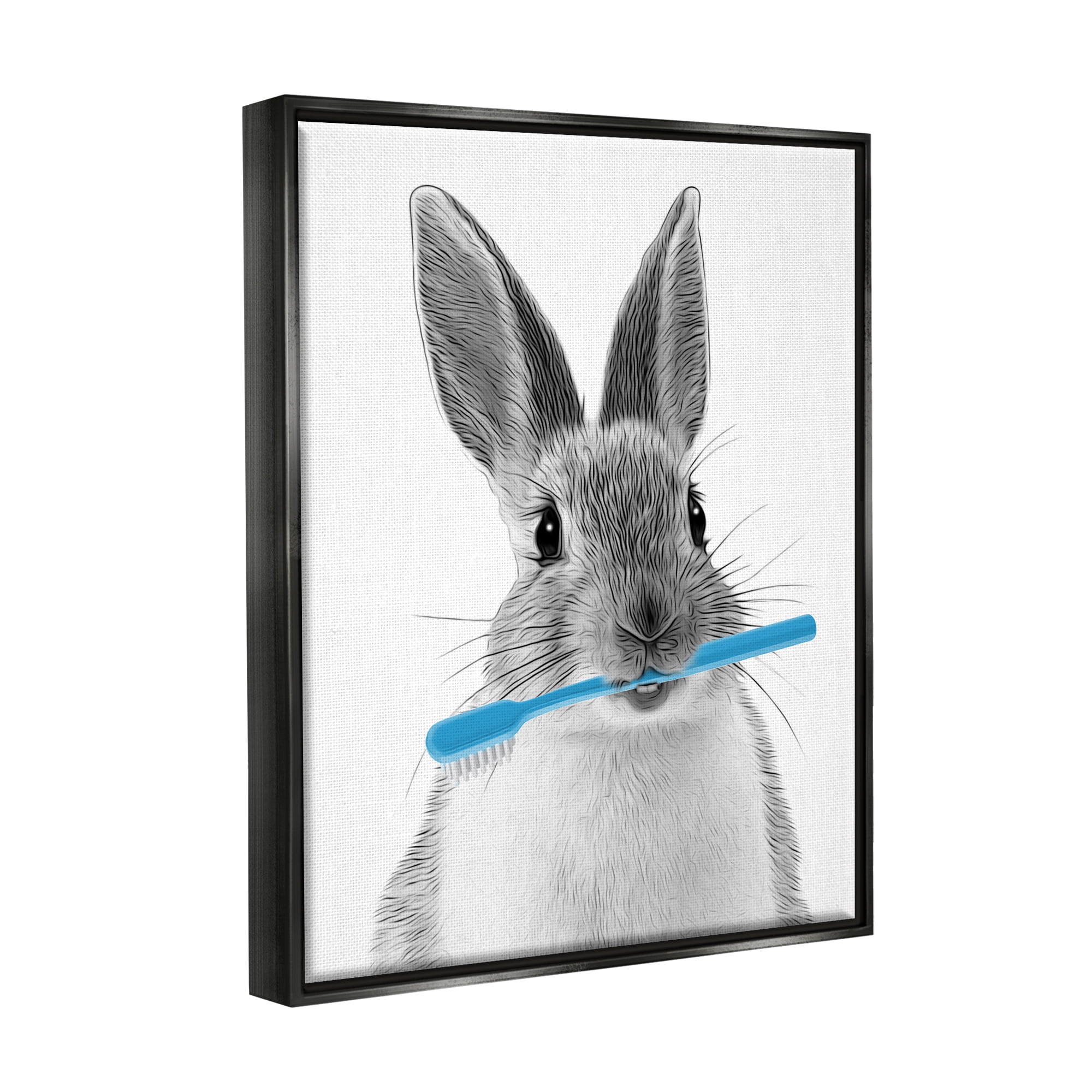 Stupell Industries Bunny Toothbrush Bathroom Animal Animals & Insects Painting Black Floater Framed Art Print Wall Art