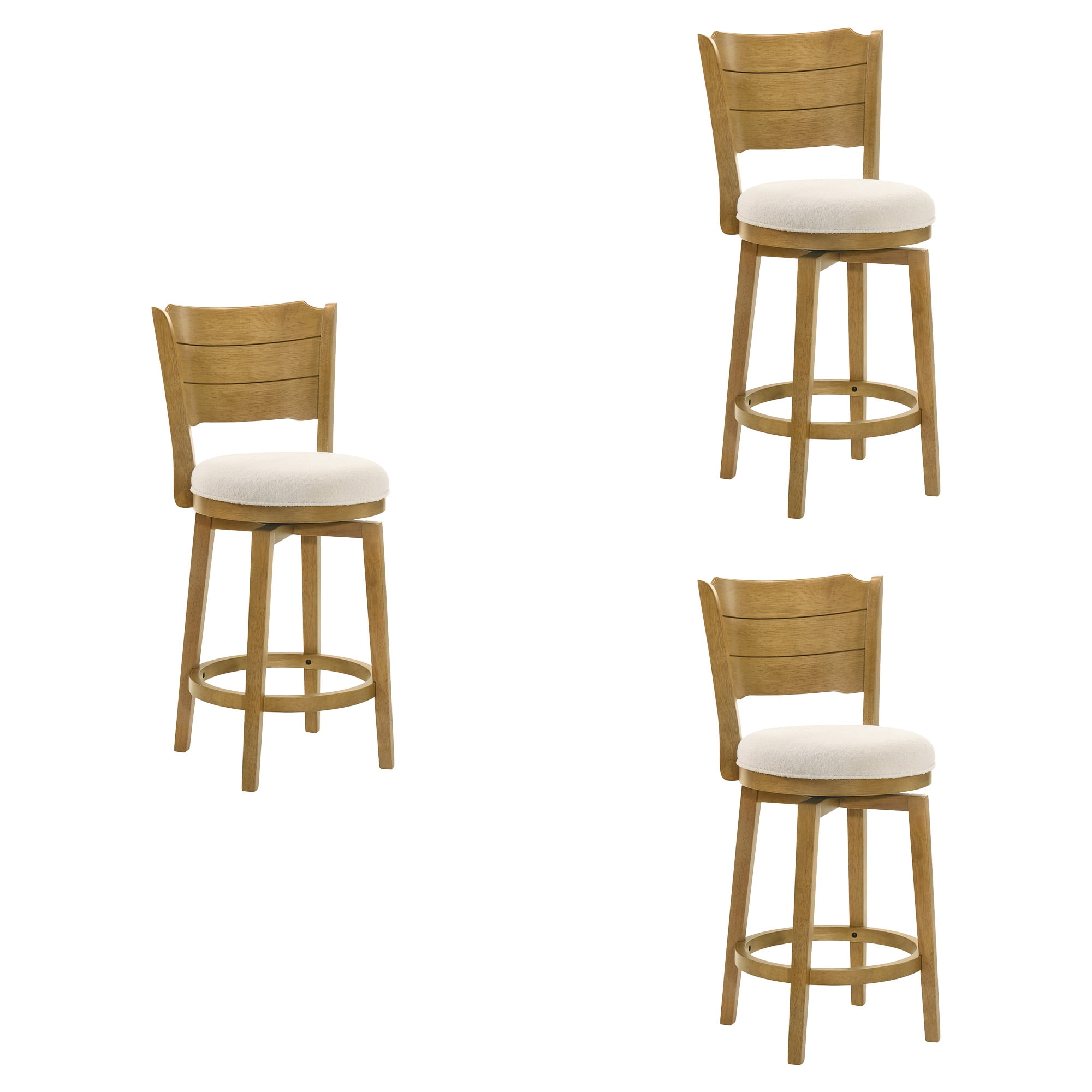 Winsley Coastal Modern Swivel Wood Counter Height Kitchen Bar Stool in Amber Glow Finish with White Boucle Fabric Upholstered Seat - Set of 3