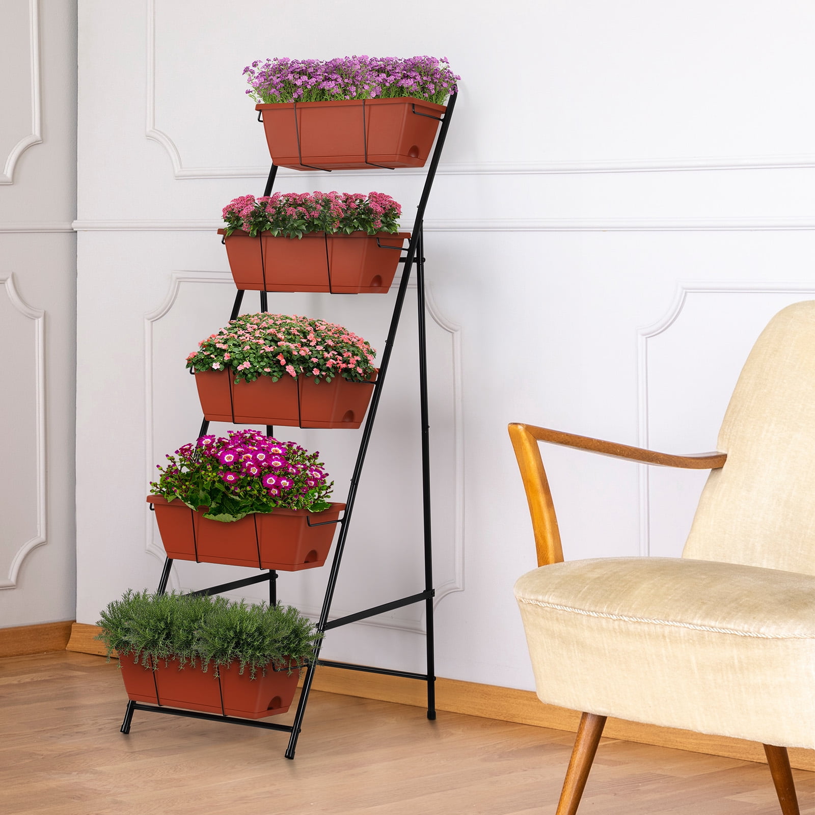 Outdoor 5-Tier Planter Rack with Drainage Holes and Removable Tray Brick Red Metal