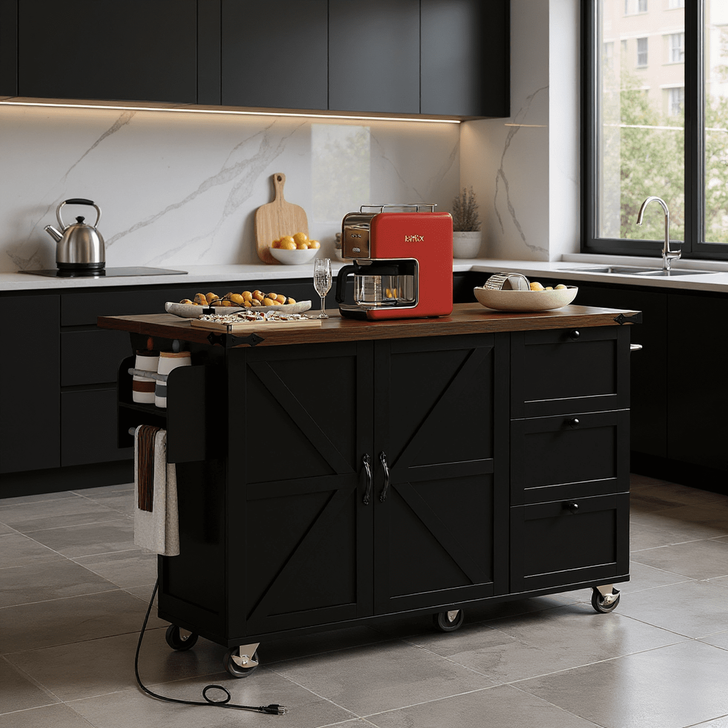 Homy Casa 54.5" Farmhouse Kitchen Island with Drop Leaf, Power Outlets, Barn Doors, 3 Drawers