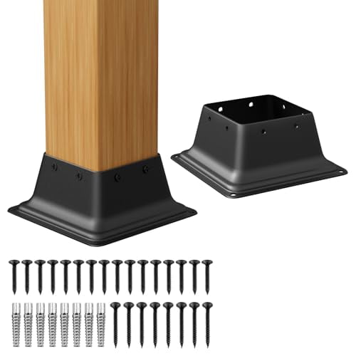 4x4 Post Base 2PCS, Internal Size 3.6 x 3.6 Inch Heavy Duty Steel Deck Post Bracket, Fit for 4 x 4 Standard Wood Post Anchor, Decking Base Plate Black Powder Coated