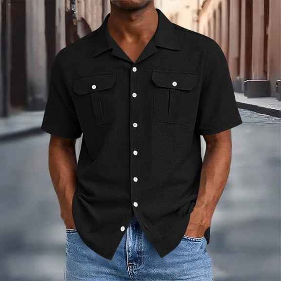 Ceisia Men's Short Sleeve Button Down Shirt With Chest Pockets Casual Linen Blend Solid Color Summer Top Black M Gift
