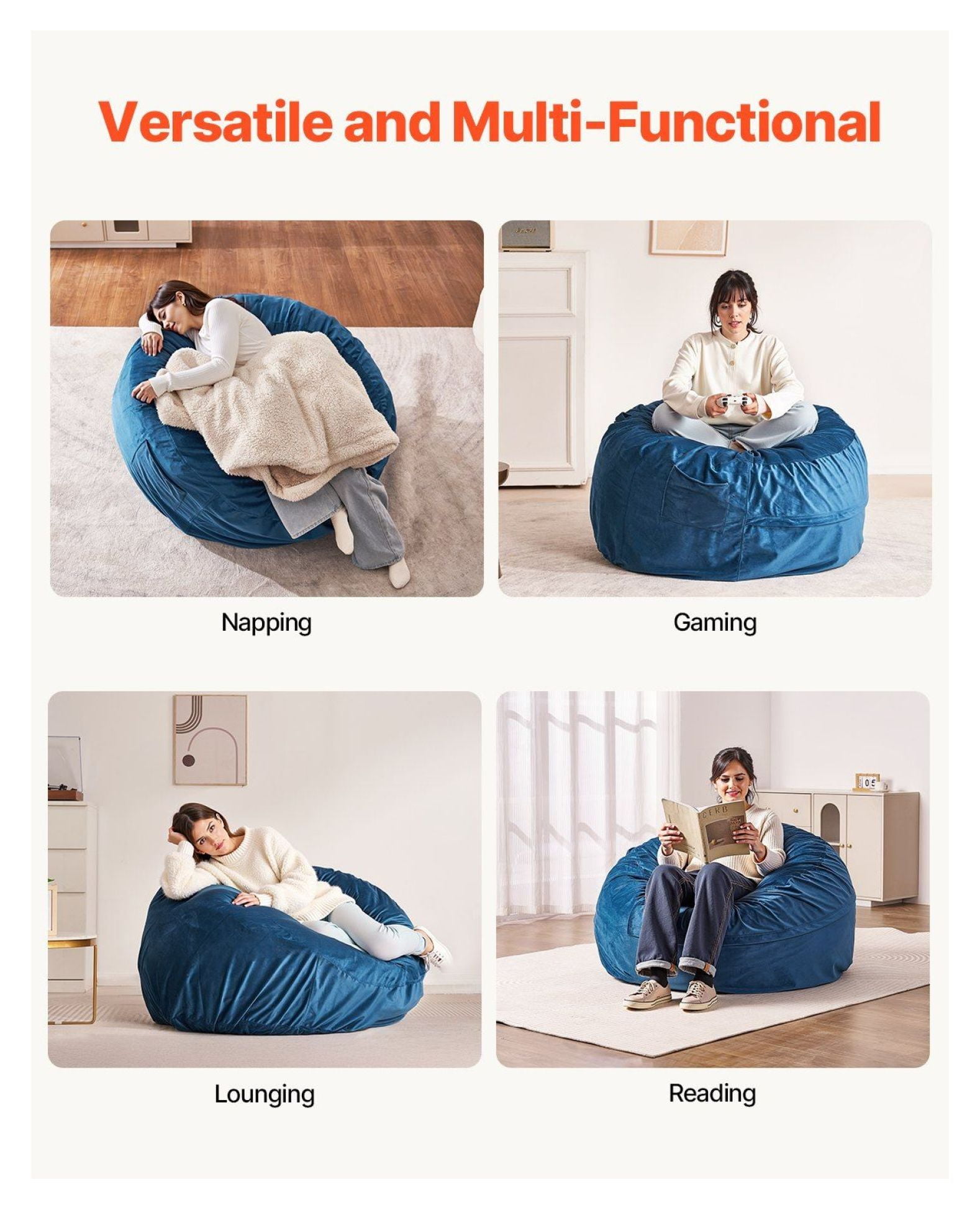 Round Bean Bag Chair for Adults, Dutch Velvet Beanbag with Handle - Blue