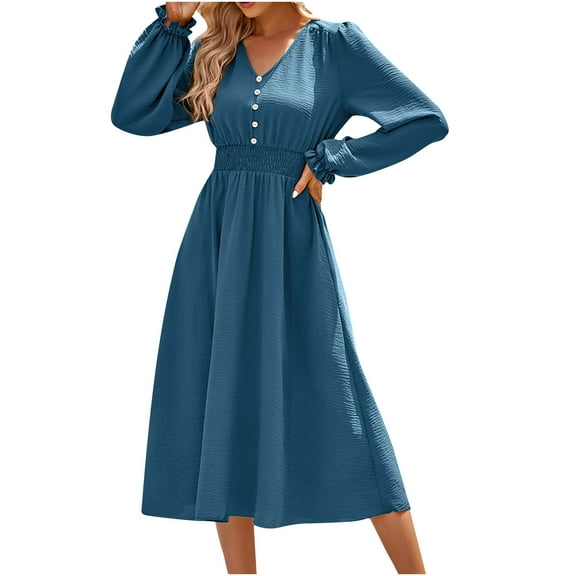 Besolor Fall Dresses for Women Trendy V Neck Button Long Sleeve Ruffle Smocked Casual Flowy Midi Dresses