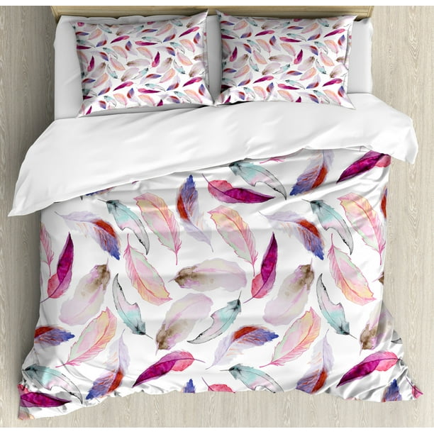 Feathers Duvet Cover Set King Size Mix Feather Motifs In Romantic Feminine Inspired Colors Outer Wing Covert Theme Decorative 3 Piece Bedding With 2 Pillow Shams Pink Purple By Ambesonne Com Feathers Duvet Cover Set King Size Mix, Feather Bed Cover King