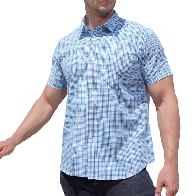 Mens Manga Corta Botón Abajo Camisas Negocios Turndown Cuello con Bolsillo, Patrón de Red Blusa de Manga Corta