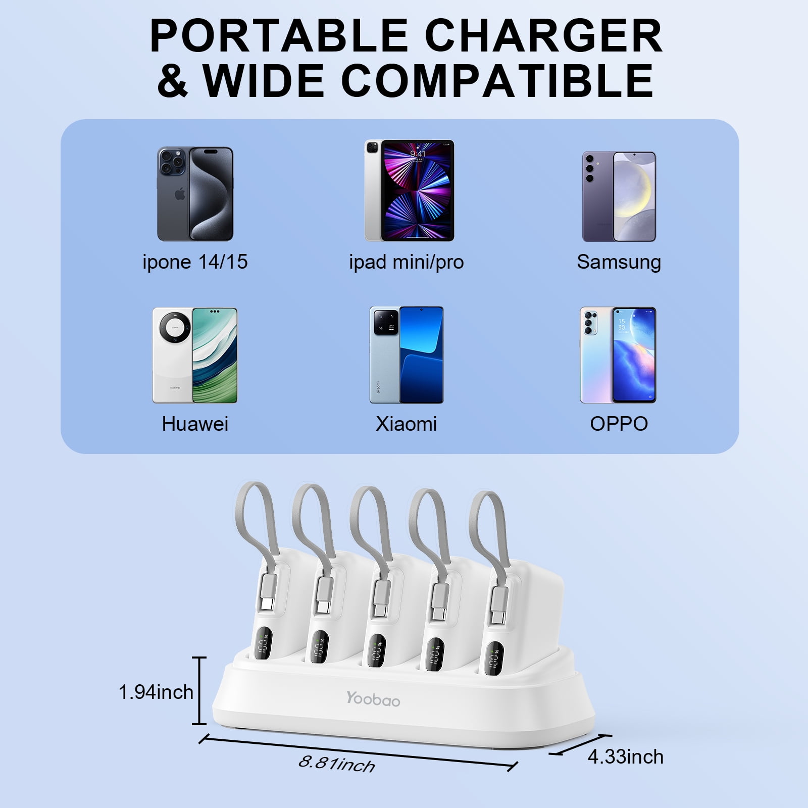 Yoobao 10000mAh Portable Charger with Charging Dock - 22.5W Fast Charging Power Bank with USB-C Cable for iPhone Samsung Android, 5 in 1 Charging Station for Home Office Restaurant, White