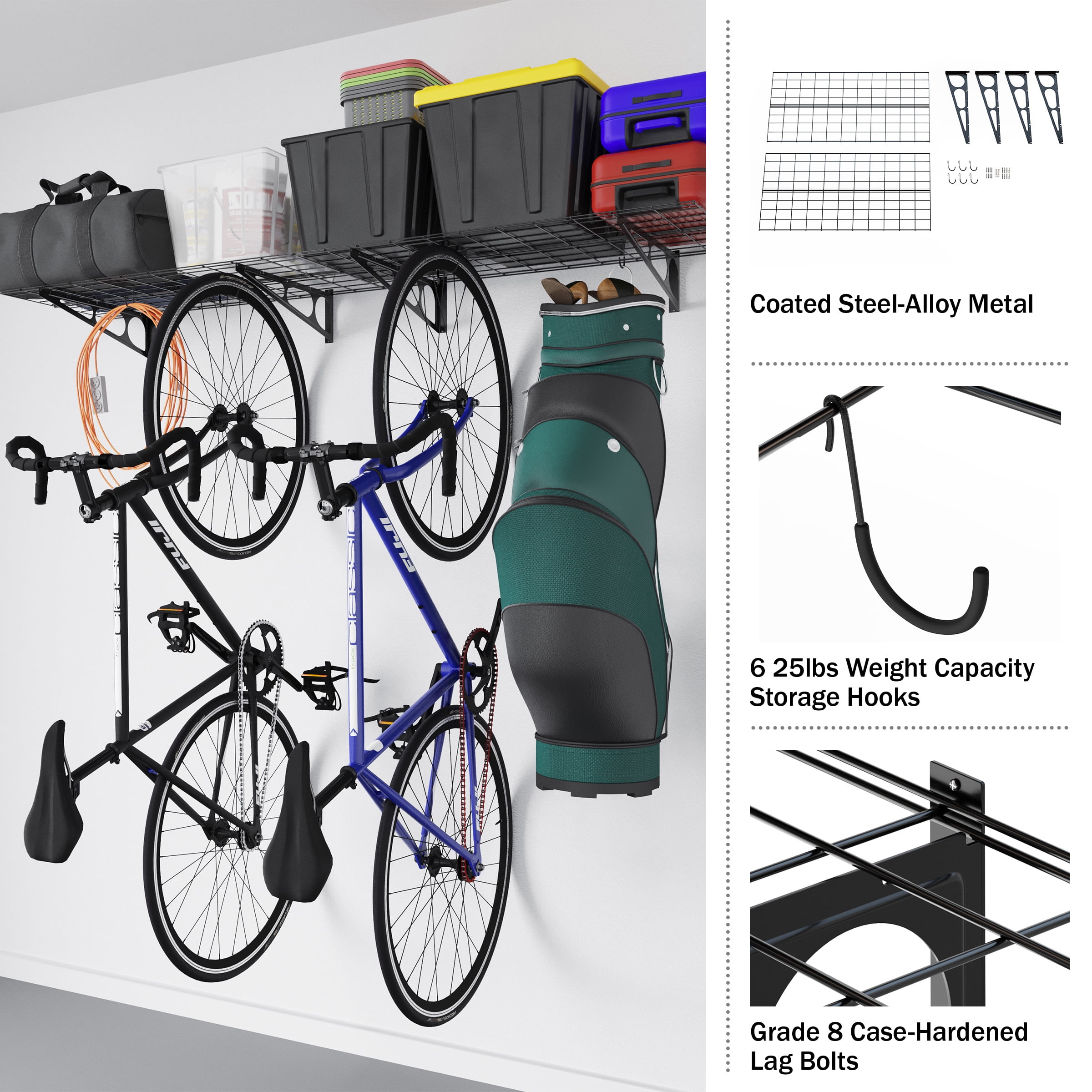 RAD Sportz Bicycle Storage Hooks Garage Shelves, Easy Installation, Plain, 2-Pack, Black