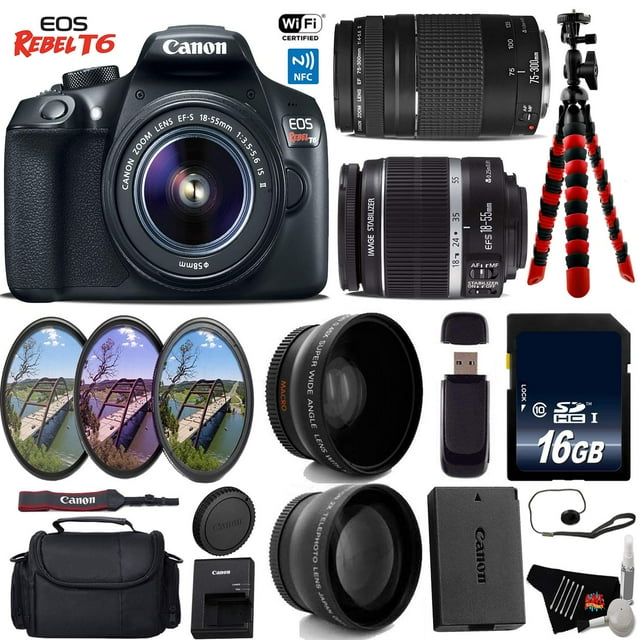 Canon EOS Rebel DSLR Camera 18-55mm is II Lens & 75-300mm III Lens + UV FLD CPL Filter Kit + Wide Angle & Telephoto Lens + Camera Case + Tripod + Card Reader - Intl Model