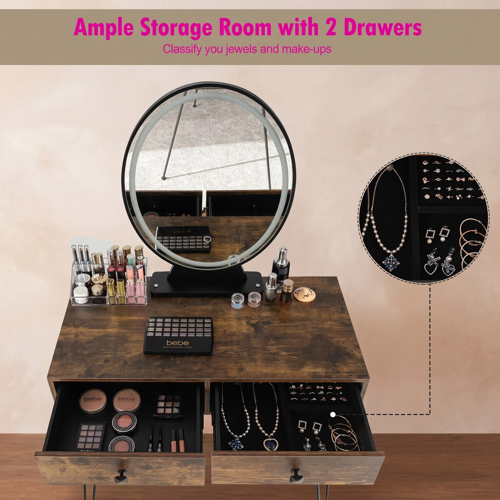 Furnibear Industrial Makeup Dressing Table with 3 Lighting Modes and Removable Mirror and Cushioned Stool for Bedroom, Rustic Brown