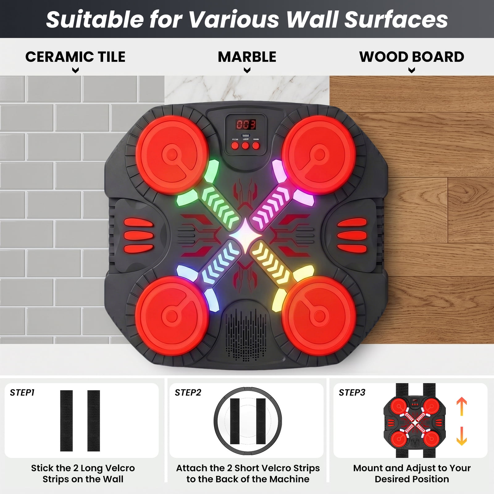 OLGEO Music Boxing Machine, Bluetooth Wall-Mounted Punching Target with LED Lights, 3 Modes & 14 Levels, Includes Gloves for Kids