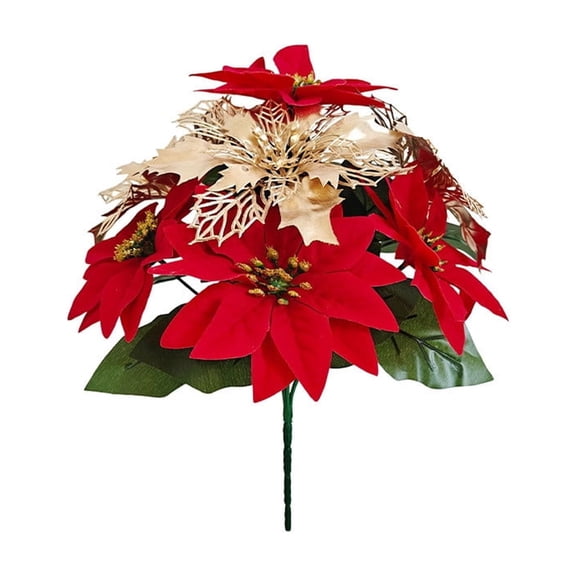 WWG Artificial Christmas Poinsettia Arrangement, Red Gold Plastic Flowers, Fade Resistant, Indoor Outdoor Fall Decor, No Watering Required, for Home Table Centerpiece