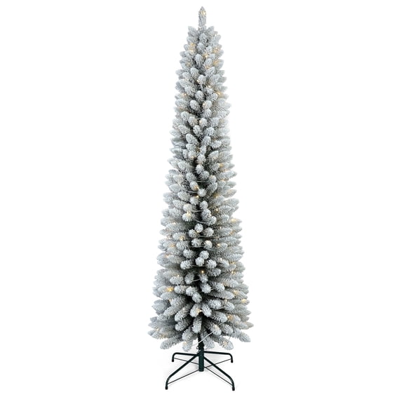 Bringstar 5FT Pre-Lit Flocked Pencil Christmas Tree, Slim Artificial Snowy Xmas Tree with 100 Warm LED Lights for Home Office Corner