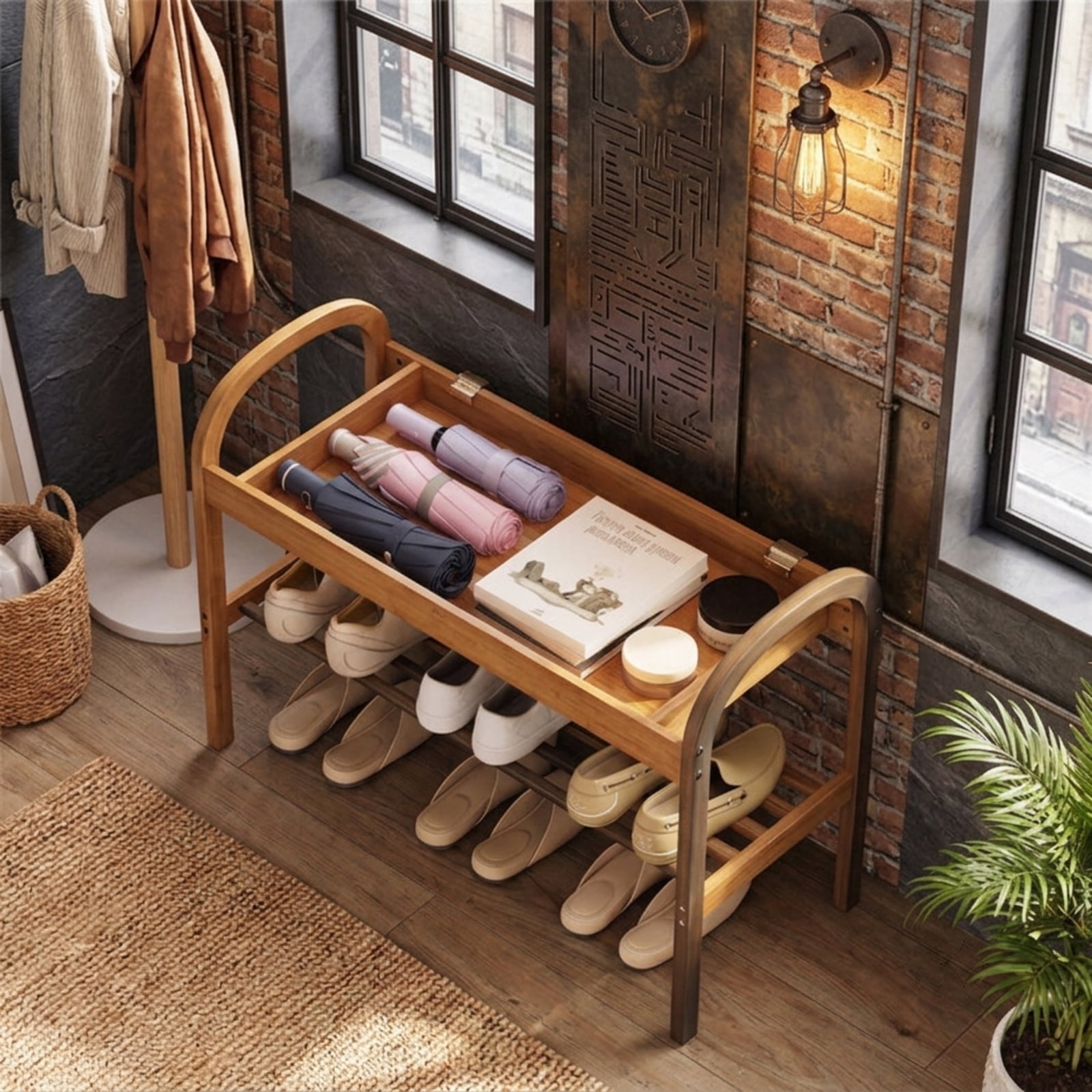 Furnibear 2 Tier Bamboo Shoe Bench with Hidden Storage Compartment and Padded Cushion for Entryway Shoe Storage Seating, Gray