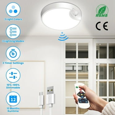 BIGLIGHT Battery Operated LED Ceiling Light, Remote Controlled, 12 Color Changing Mood Light, Hallway Lighting, Dimmable Night Light For Shower Closet Bedroom Corridor Bathroom, 2 Pack