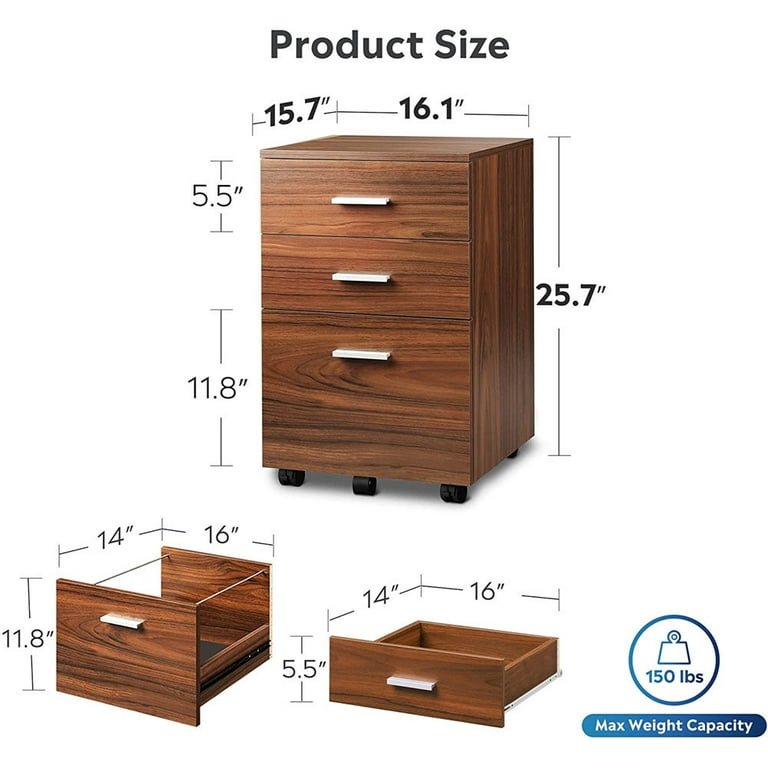 3 Drawer Rolling File Cabinet With 5