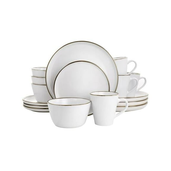 Arthur Stoneware Dinnerware Set with Gold Rim, Matte White, 16 Piece