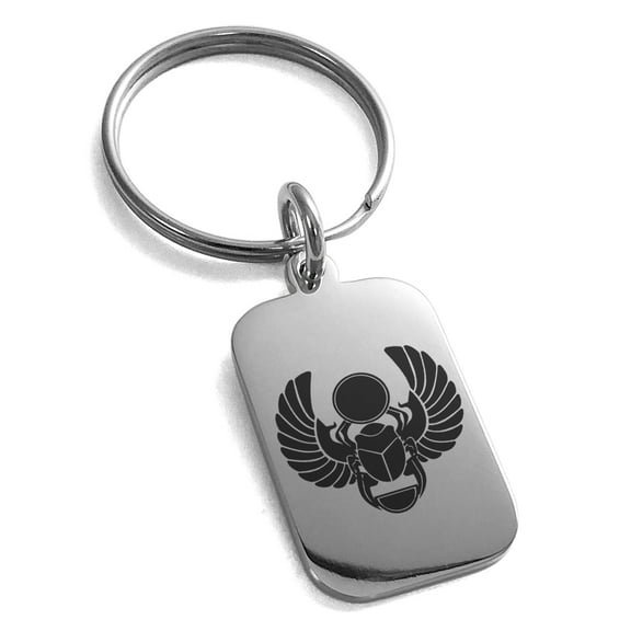 Stainless Steel Scarab Beetle Sacred Sun Engraved Small Rectangle Dog Tag Charm Keychain Keyring
