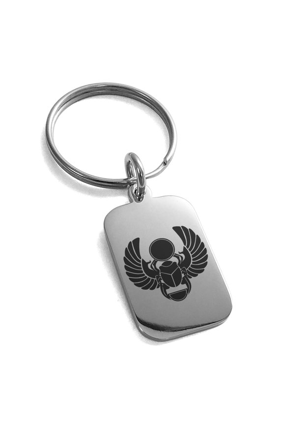 Stainless Steel Scarab Beetle Sacred Sun Engraved Small Rectangle Dog Tag Charm Keychain Keyring
