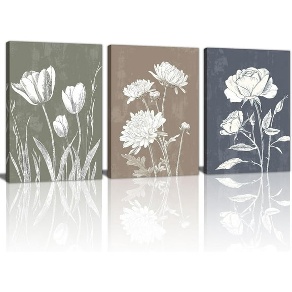 Modern White Floral Golden Leaves Canvas Wall Art Set, Neutral Textured Flowers Wall Painting Pictures Boho Beige Blossom Wall Decor Posters Print Artwork for Bedroom(Only canvas)