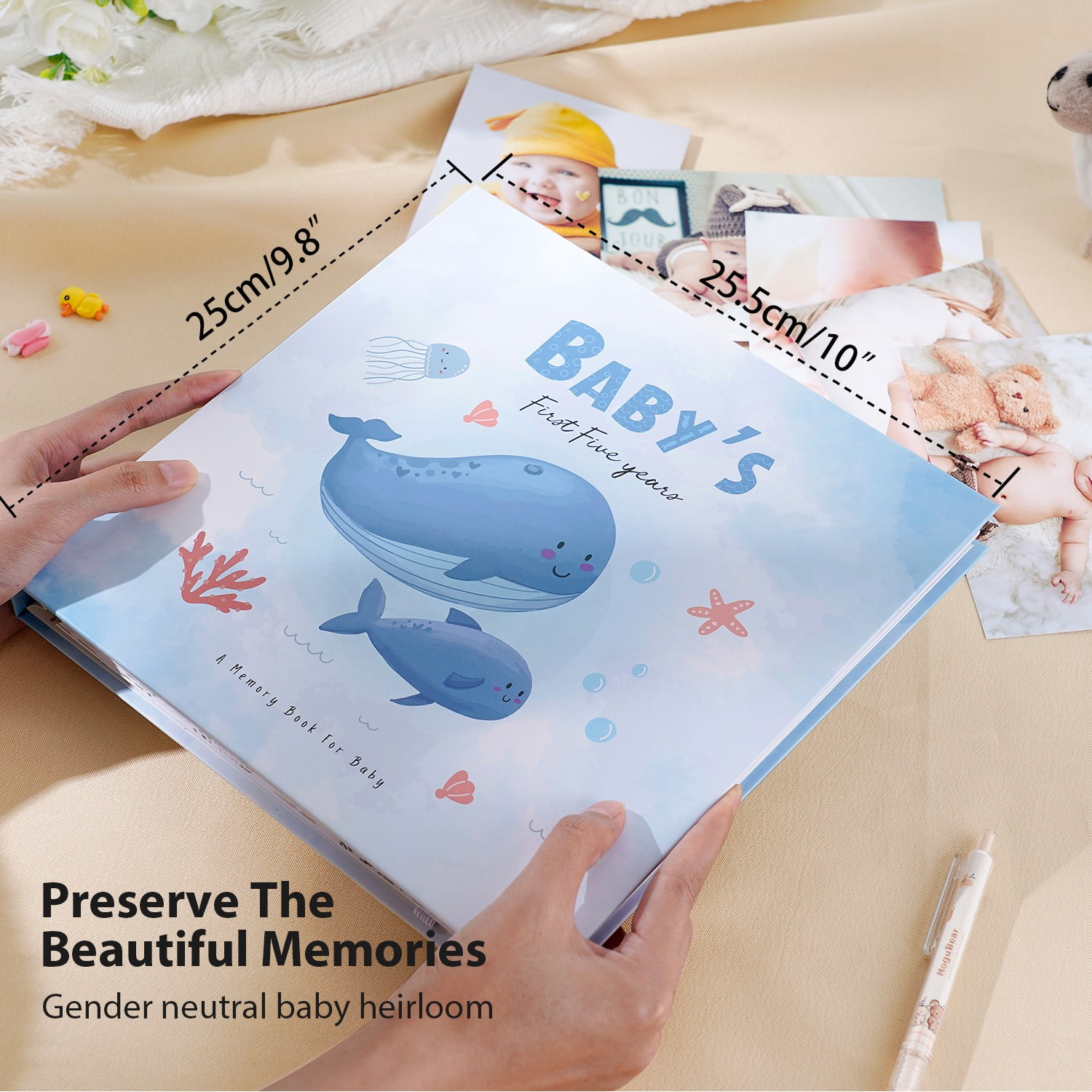 TJT Keepsake Baby Books for Newborn Baby Memory, First 5 Years Baby Memory Book Record Gift, 118 Pages Baby Album, Whale, Blue