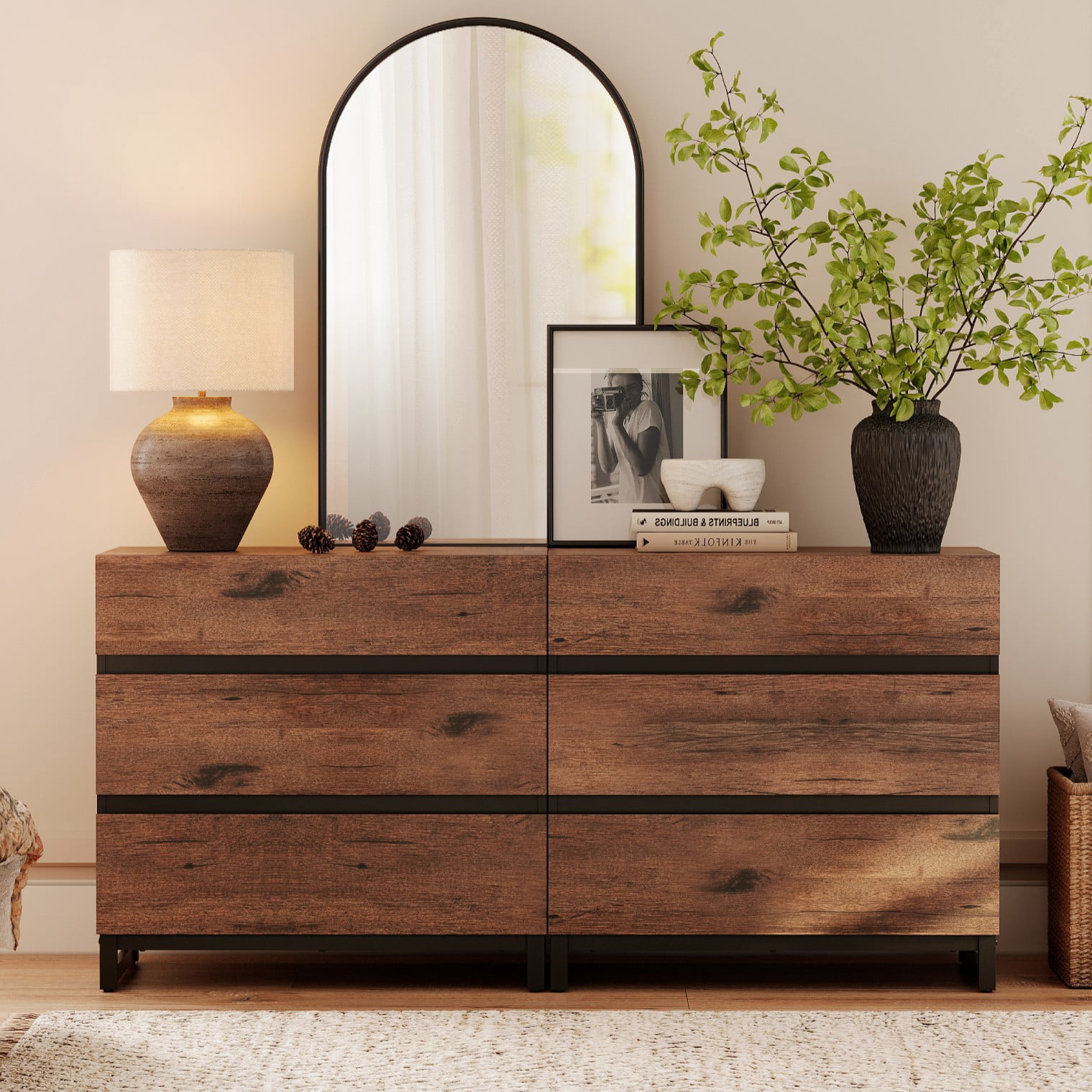 WAMPAT Modern 6-Drawer Wooden Dresser, Large Chest of Drawers with Sturdy Metal Base, Freestanding Closet Storage Organizer for Bedroom Living Room, Brown
