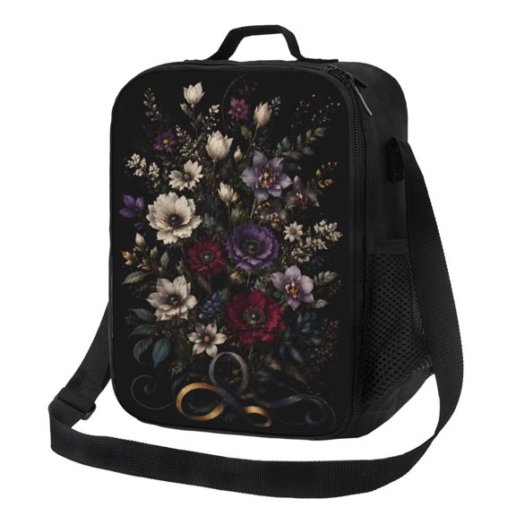 Dark Floral Bouquet Lunch Bag Insulated Thermal Lunch Box with Shoulder Strap & Handle for Women and Men