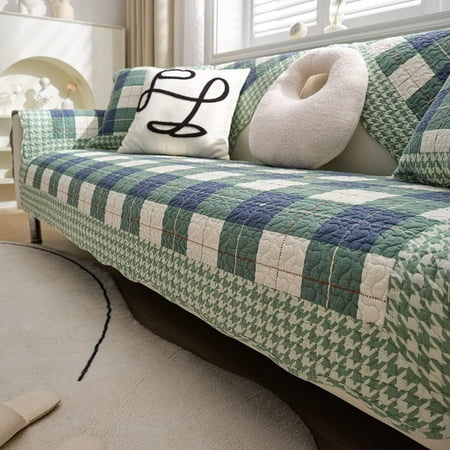 

vctops Farmhouse Buffalo Check Plaid Cotton Sofa Couch Cover Patchwork Quilted Sectional Couch Covers Non-Slip Soft Sofa Slipcover Washable Furniture Protector for Living Room (Green Blue 36 x36 )