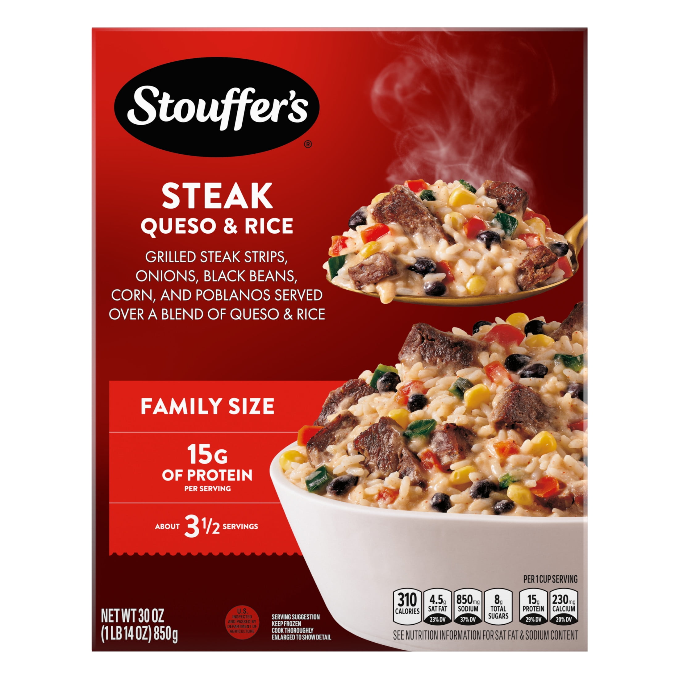 Stouffer’s Steak Queso & Rice, Family Size, Frozen Dinner, Easy Family Frozen Dinners 30 oz