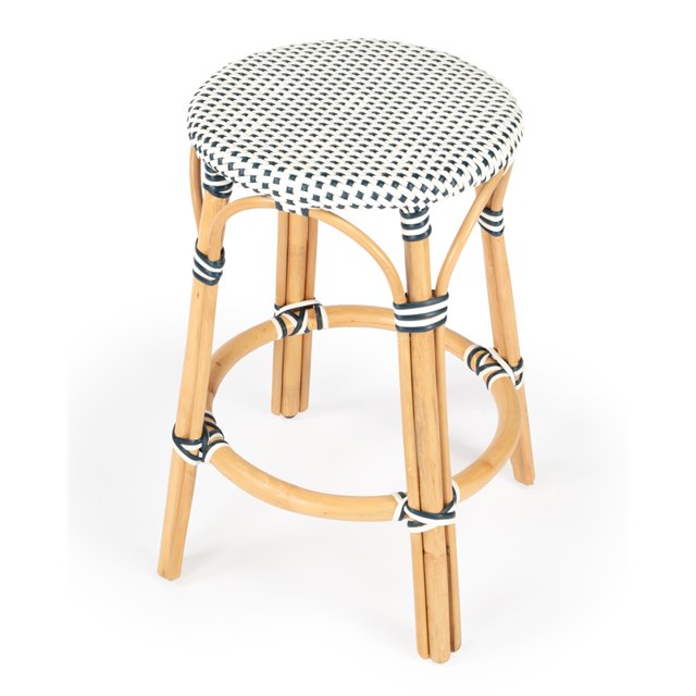 Butler Specialty Company Tabouret de Comptoir Rond en Rotin de 24 Po - Blanc et Bleu Marine