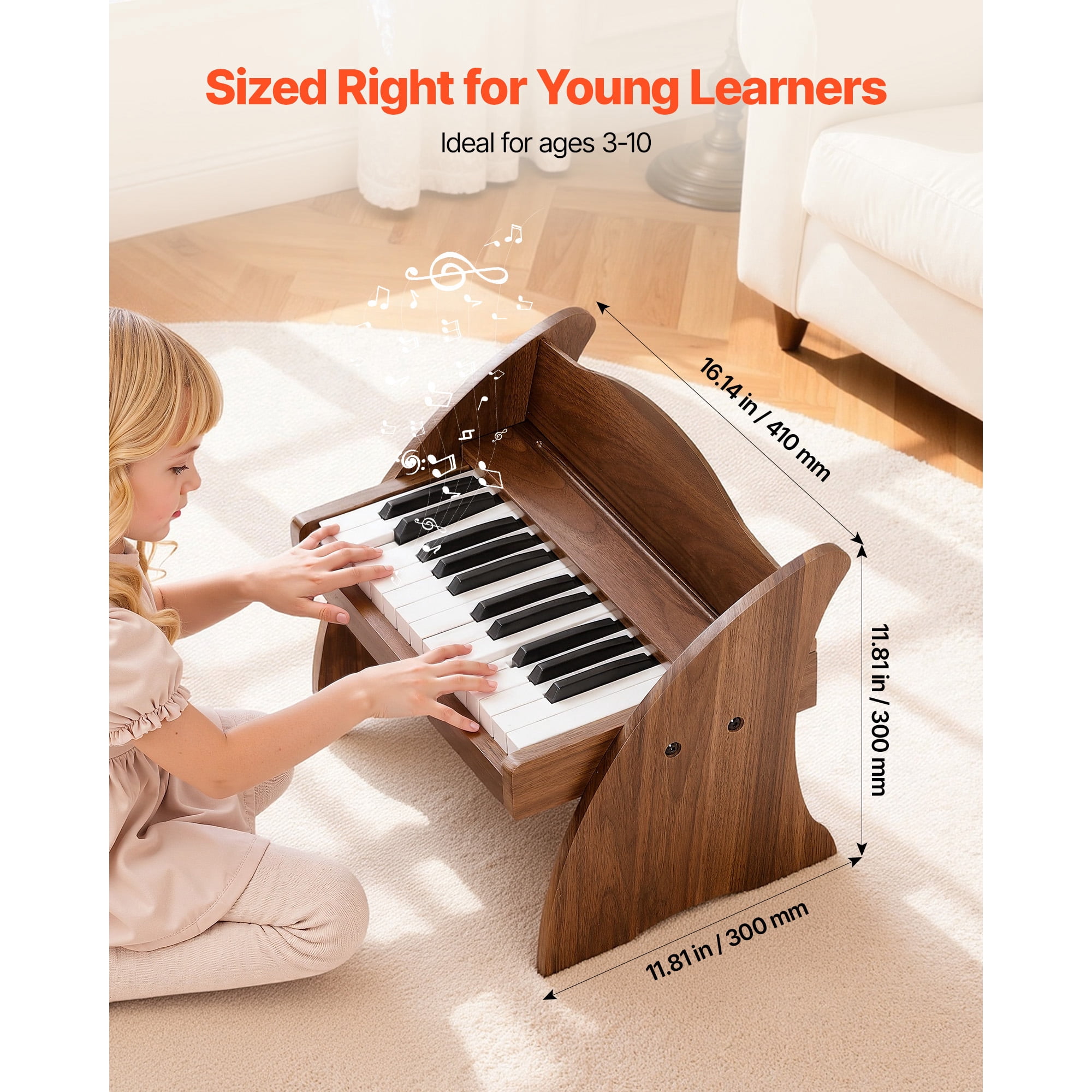 KFFKFF 25-Key Wooden Digital Piano for Kids, Mini Educational Music Instrument with Realistic Sound, Dual Power Options, Adjustable Volume, Ideal for Toddlers and Children, Walnut Finish