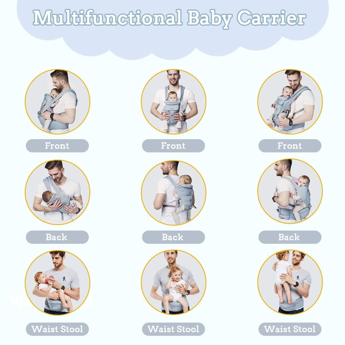 Scafild | 6-in-1 Baby Carrier with Waist Stool Hip Seat for Breastfeeding Newborn Infant Toddler - Blue