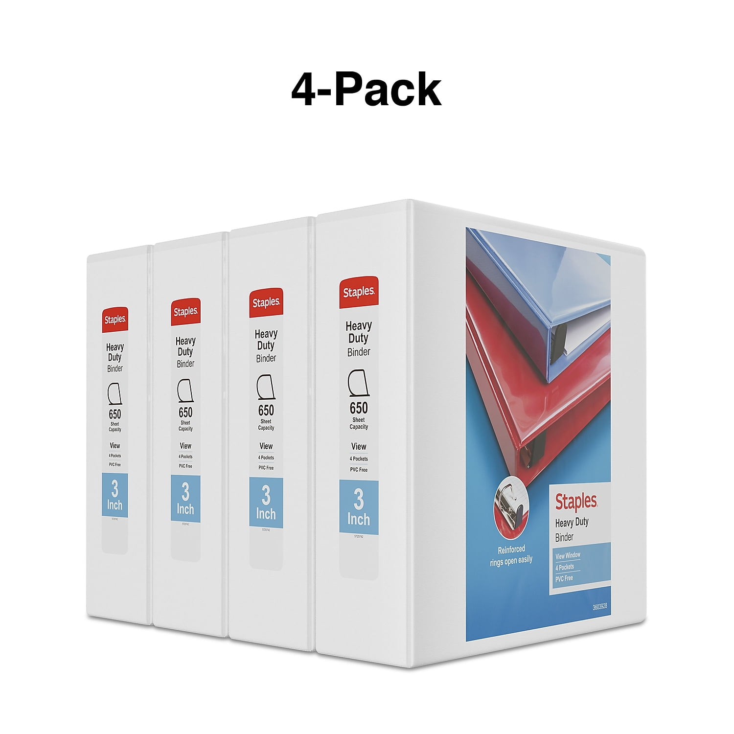 Staples Heavy Duty 3" 3-Ring View Binders White 8/Carton 56265CT/24693VS