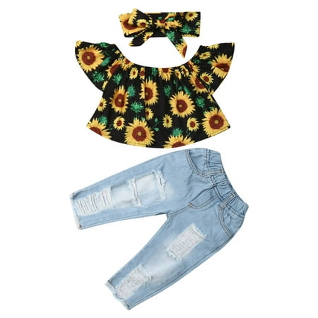 

Dewadbow Summer Toddler Baby Girl Clothes Sunflower Tops Crop Denim Pants Jeans Outfits