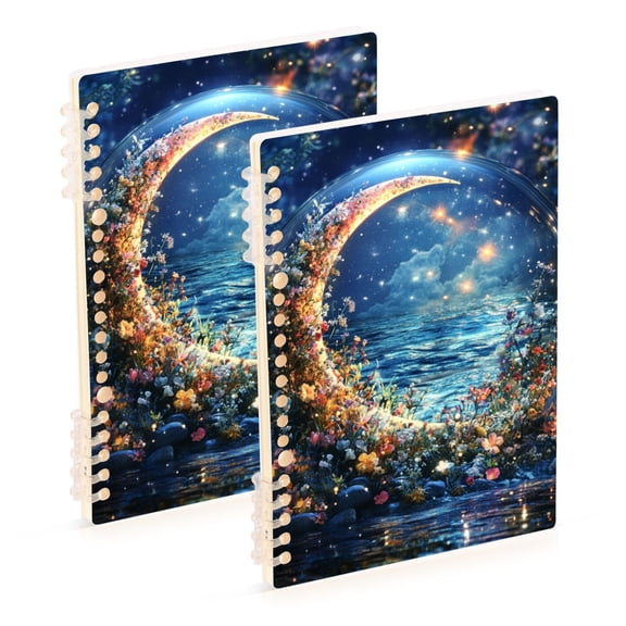 FORMRS 1-Subject Spiral Notebook 8" x 5" College Ruled 60 Refillable Sheet A5 Hard Cover, 2 Pack, Crystal Moon