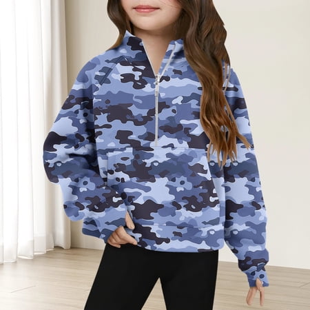 Pounoo New Style Cute Sweatshirts Pullovers Kids Camouflage Zip Mock Neck Long Sleeve Tops Half Zipper with Pocket Breathable Girls Sweatshirts
