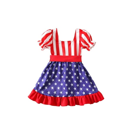 

Liliz Independence Day Dress with Belt Baby Girls Ruffled Star Stripe Print Puff Sleeve One-piece