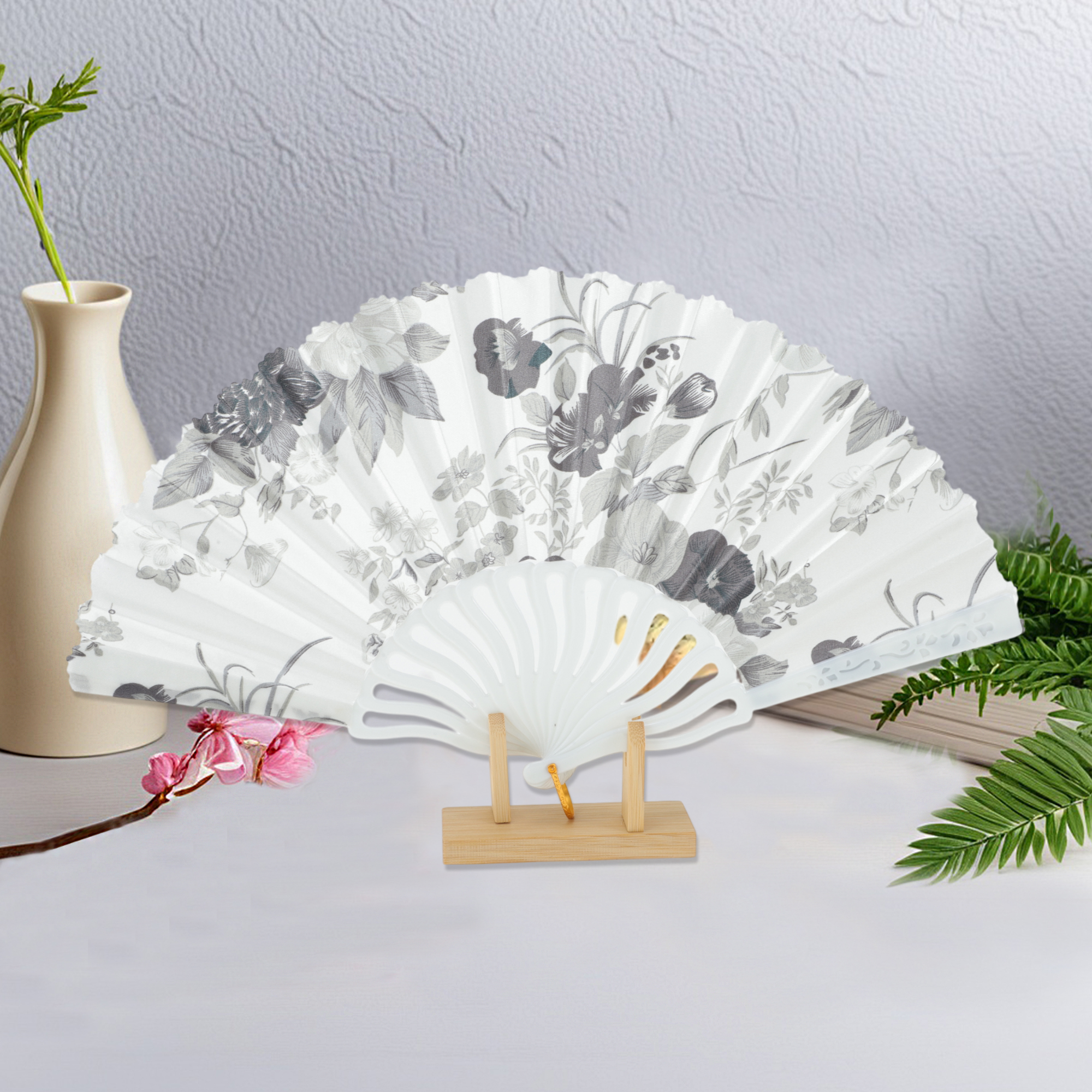 Unique Bargains Elegant Floral Design Folding Hand Fan Gray
