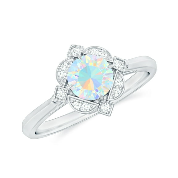 Rosec Jewels Natural Ethiopian Opal Diamond Engagement Ring - Vintage Inspired Ring for Women - AAA Quality - With Jewelry Box, 925 Sterling Silver, US 4.00
