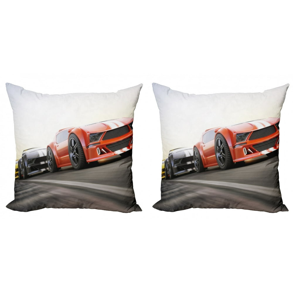 Cars Throw Pillow Cushion Cover Pack of 2, Sports Car Competing on Highway Chasing Another Team
