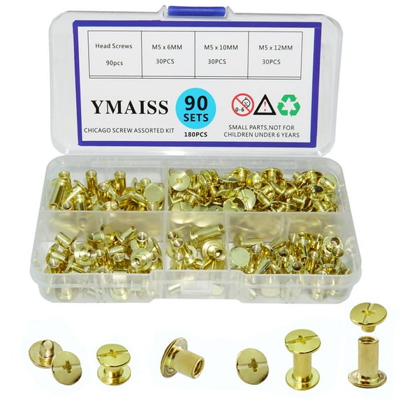 YMAISS 90 Ensembles Vis Chicago 3 Tailles 1/4,3/8,1/2 Po Vis Plaquées Laiton Tiges de Reliure Vis Chicago Bouton Rivets Vis Courroie Vis Albums Photo en Cuir Vis Tête Phillip, Or