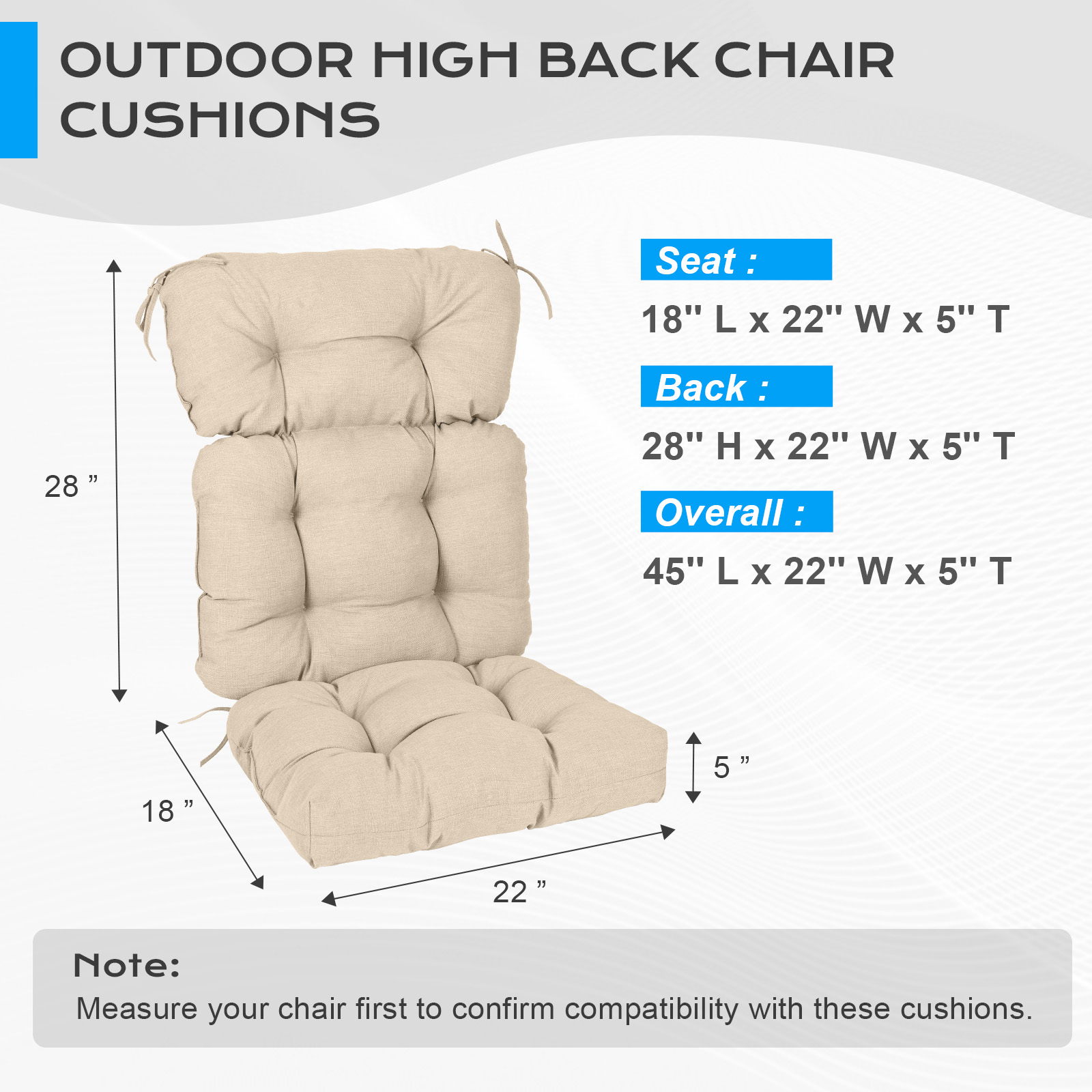 Aoodor Outdoor 45"x 22" x5" Tufted High Back Cushions Patio Replacement Chair Cushion with Ties, Water and Fade Resistant for All Weather (Khaki, Set of 2）