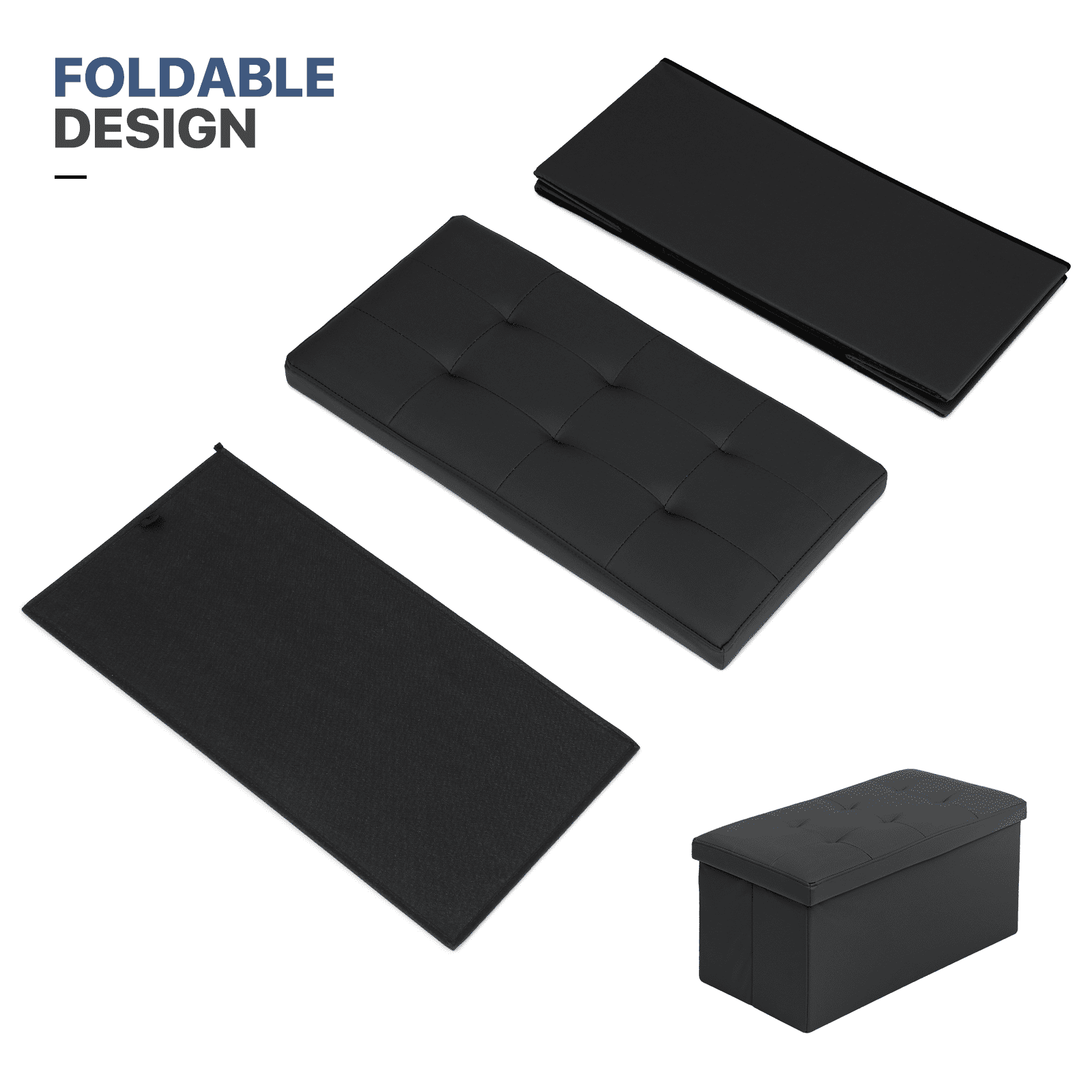 MoNiBloom 30" Folding Storage Ottoman Bench, PU Leather Collapsible Footrest Ottoman with Storage, for Living Room Bedroom Entryway, Black